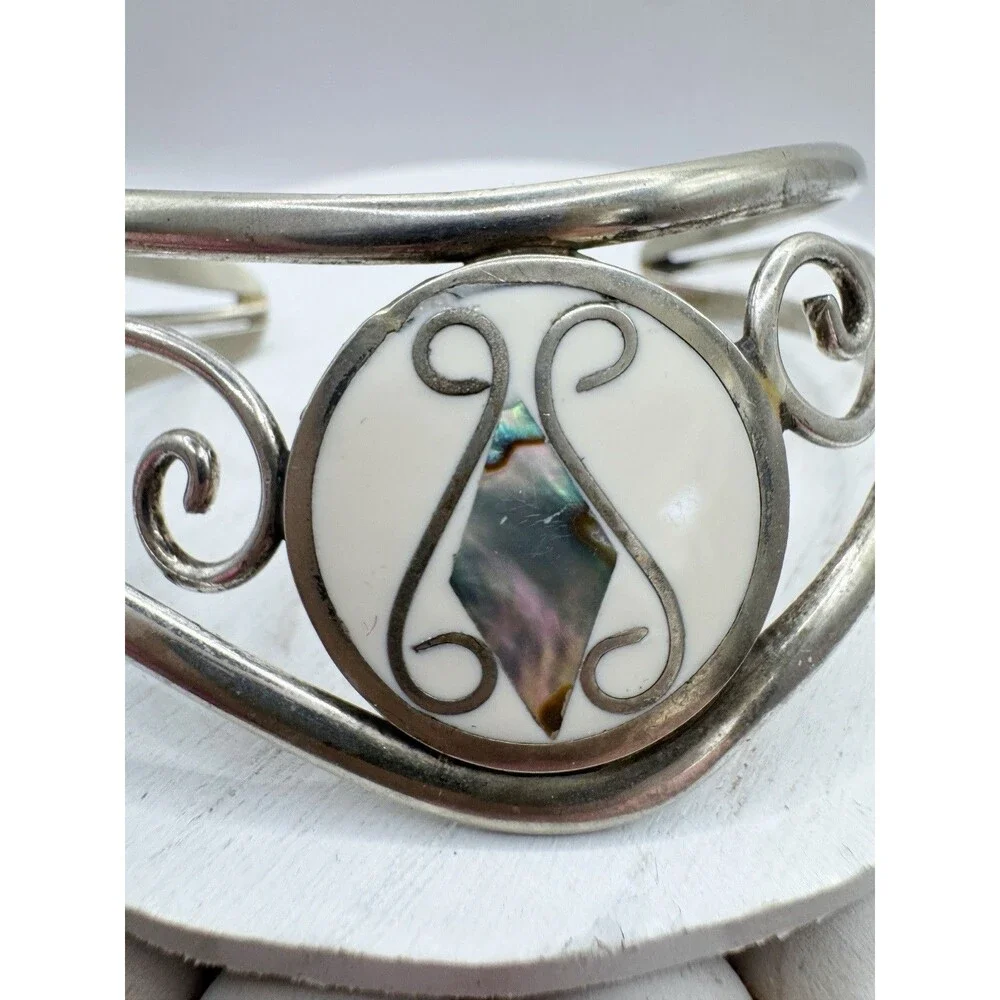 Vintage Alpaca Mexico Abalone Inlay Shell Cuff Bracelet Bohemian Chunky